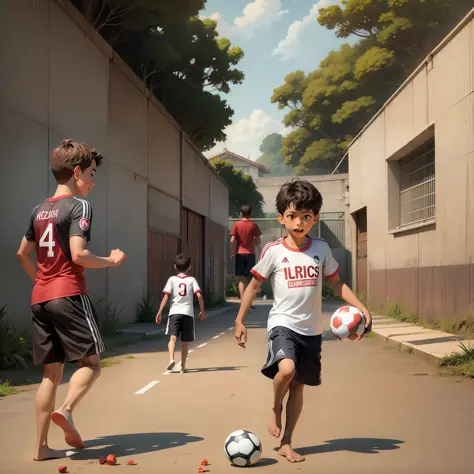 Brazilian children playing soccer on the street with a Rio de Janeiro community background