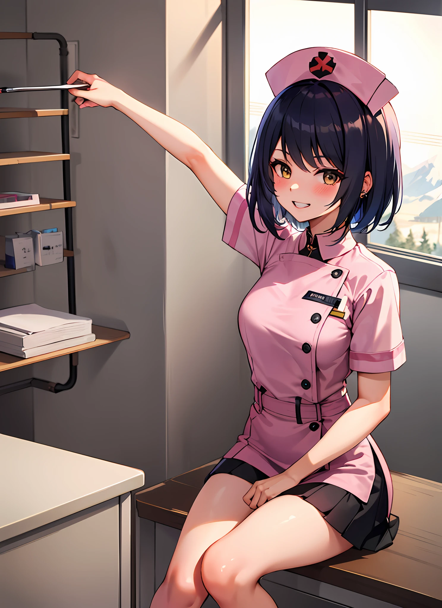 1 girl, solo, kujousaradef, nurse, smile, blush, hospital, indoor, day, window, short hair, sky, temple, looking at viewer, stairs, mountain, moody lighting, facing viewer, sexy pose, show teeth, tattoo, cool black tattoo, ear pierce, cleveage, nurse uniform, mini skirt, stocking, nurse hat, pink nurse uniform, infirmary,