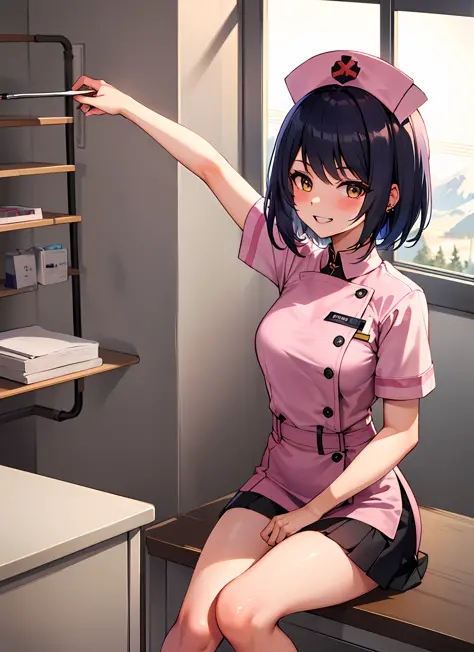 1 girl, solo, kujousaradef, nurse, smile, blush, hospital, indoor, day, window, short hair, sky, temple, looking at viewer, stai...