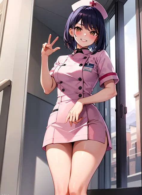 1 girl, solo, kujousaradef, nurse, smile, blush, hospital, indoor, day, window, short hair, sky, temple, looking at viewer, stai...