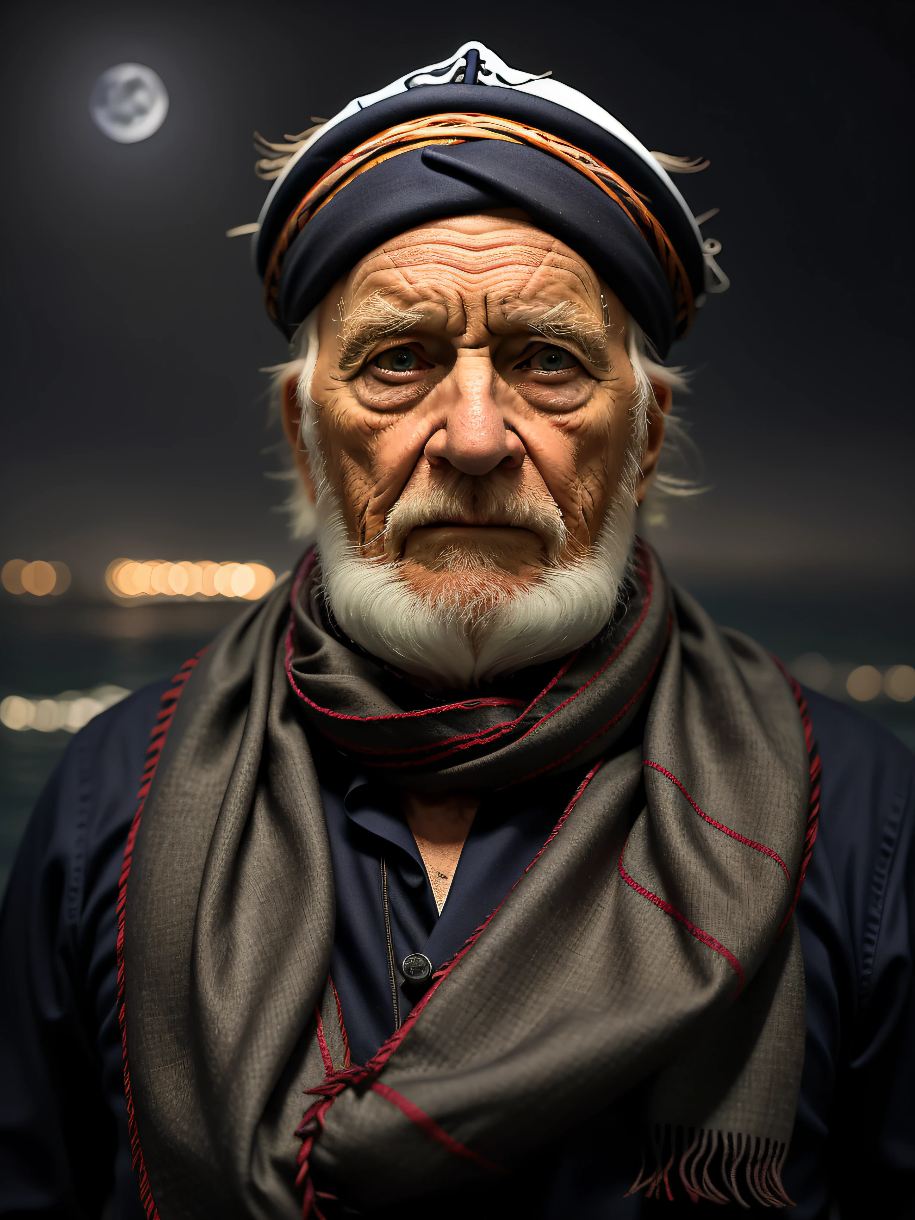 Photo portrait primée du haut du corps d&#39;un vieux marin hurlant, porter un foulard, les yeux tournés vers le haut, (bokeh:0.7), latéral, (visage propre et ridé en détail:0.7), téléobjectif, éclairé par la lune, aux flambeaux, atmosphère, extérieur de nuit océanique, Réaliste, détails complexes, véritable texture de peau âgée