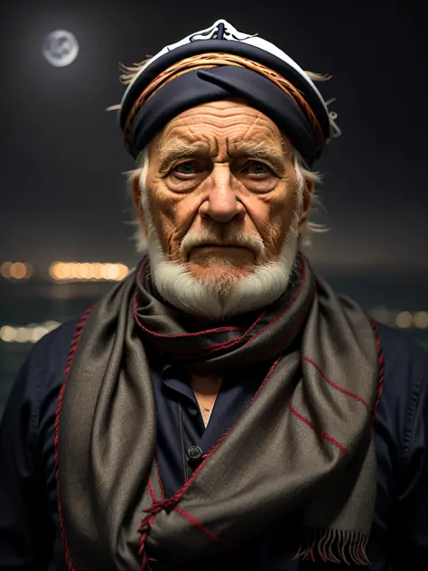 award winning upper body portrait photo of an old screaming sailor, wearing scarf, eyes looking upwards, (bokeh:0.7), sidelit, (...