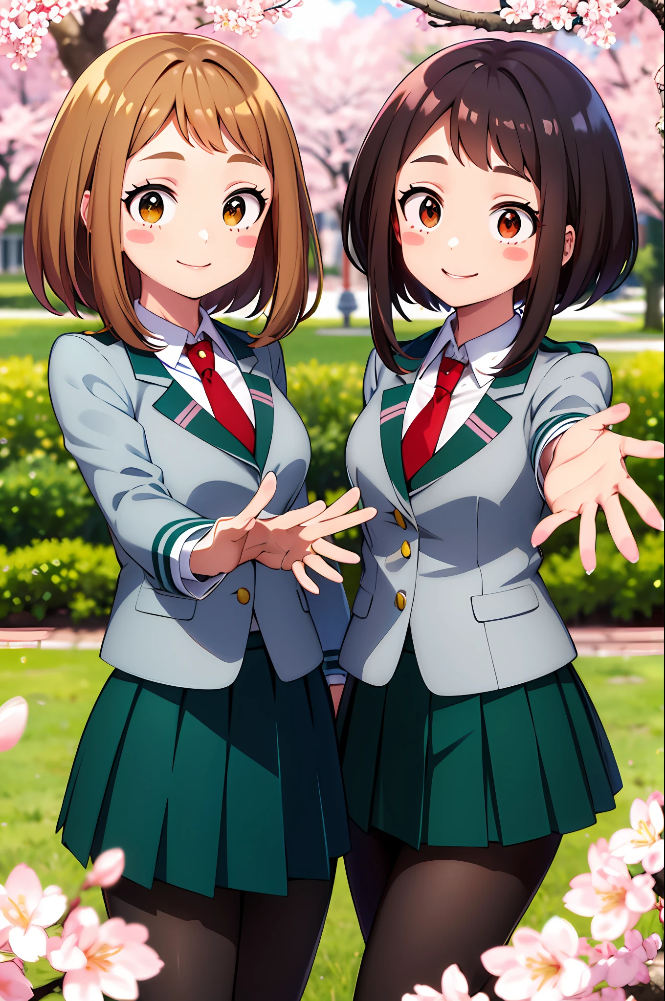 masterpiece, best quality, highres, hmochako, blush stickers, short hair, medium breasts. , green skirt, pleated skirt, red necktie, black pantyhose, white shirt, long sleeves, grey jacket, reaching out, smile, cherry blossoms, outdoors, cowboy shot, 3girls, trio, sisters