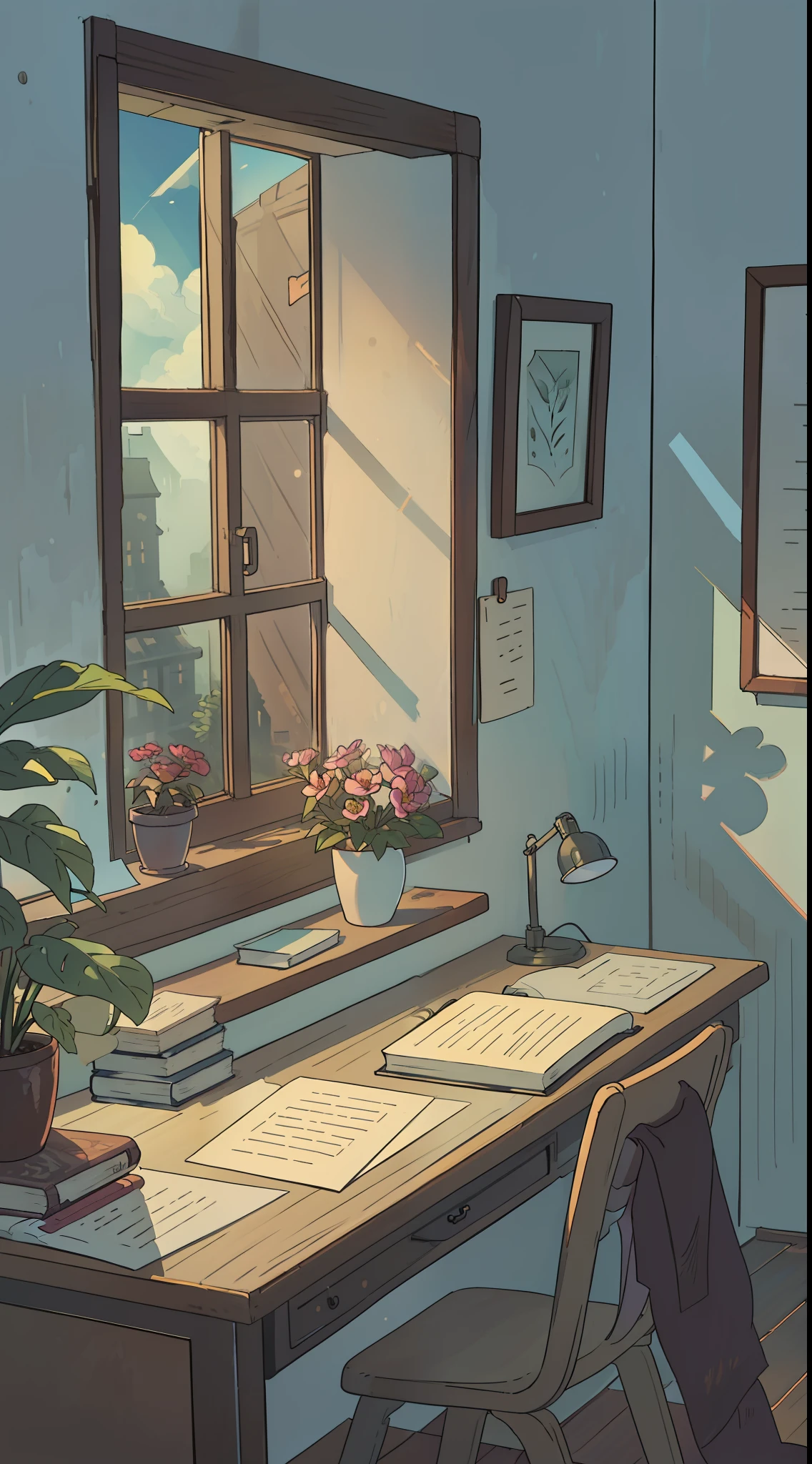 ein Meisterstück，die beste Qualität，hohe Qualität，Früh am Morgen，Der Schreibtisch befindet sich am Fenster，Sonnenlicht scheint durch das Fenster auf der Schreibtischplatte，Es gibt Blumen am Fenster，Pflanzen，Buch