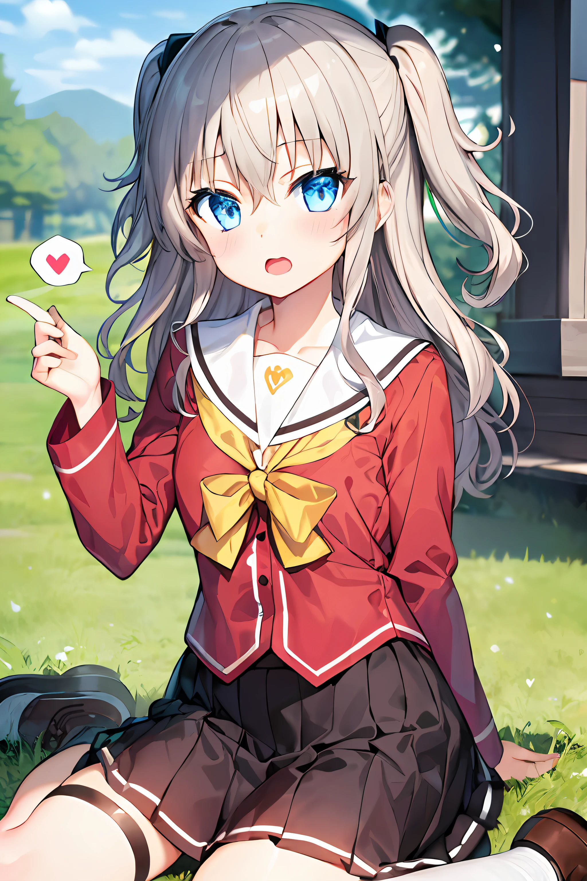 1girl, Tomori, Wariza, standing, (heart: 1.2), blue skirt, white shirt, serafuku, open mouth, (talking heart: 1.4)