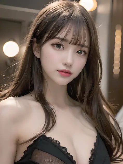 (8k), (best quality), (masterpiece:1.3), (realistic), (photorealistic:1.36), ultra-detailed, cinema lights,
1girl, solo, (((dark long hair with bangs))), (finely detailed beautiful amber eyes: 1.2),  lustrous skin, show Clavicle, perfect skin, (adult face:...