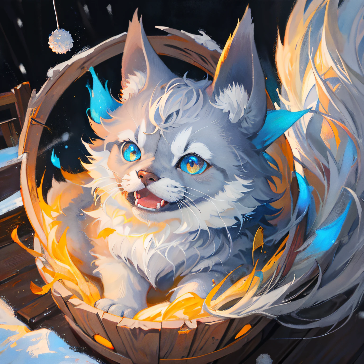 Fluffy cute ball that is vicious, (fluffy cute ball) glowing blue eyes, grey spotted fur, growling, fangs, masterpiece, best quality, ((In Winter Oil Painting style))