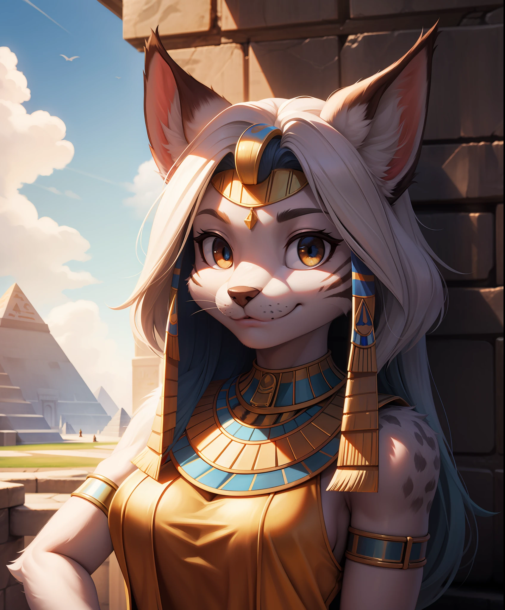 masterpiece, best quality,furry girl,outdoor,hdr,blue sky,sunlight, pyramind perfect light,animal nose,solo,detail fur,epic movie concept adorable,egyptian clothes, looking at viewer,sheli,lynx