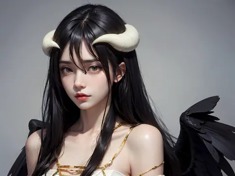 albedo、devil horns、1girl