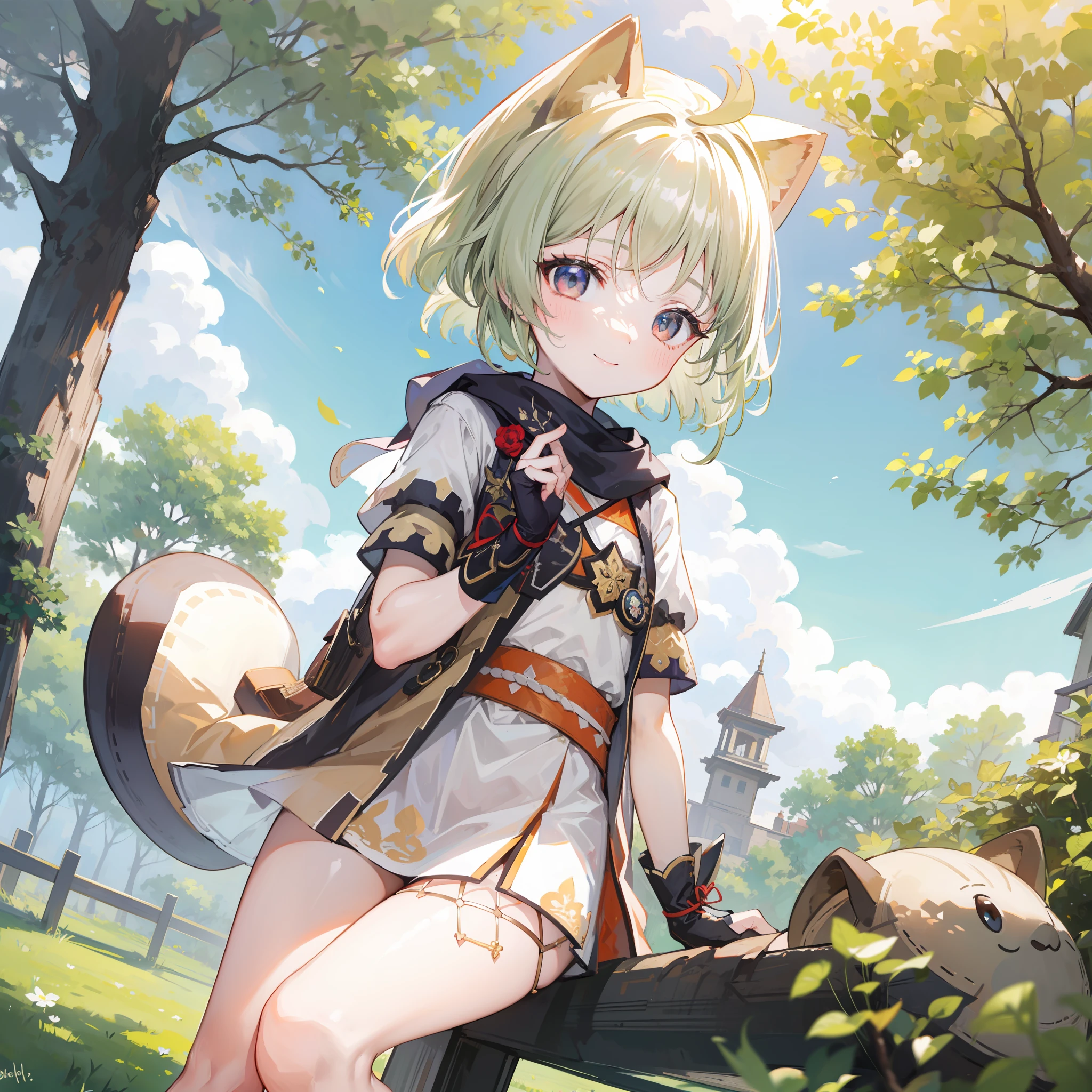 Anime girl with a cat tail and a backpack standing in a park - SeaArt AI