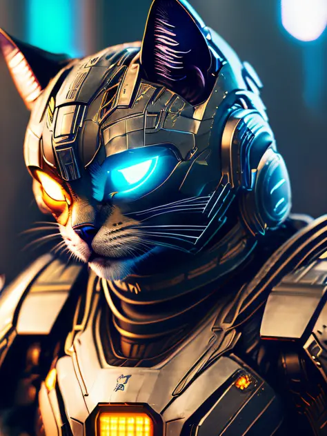 Cute cat as the doomsday killer, realistic sci-fi cyberpunk power armor robot, close-up portrait movie, 8k, hdr, ((intricate details, super detailed)), (backlight: 1.3), (movie: 1.3), (ArtStation : 1.3)