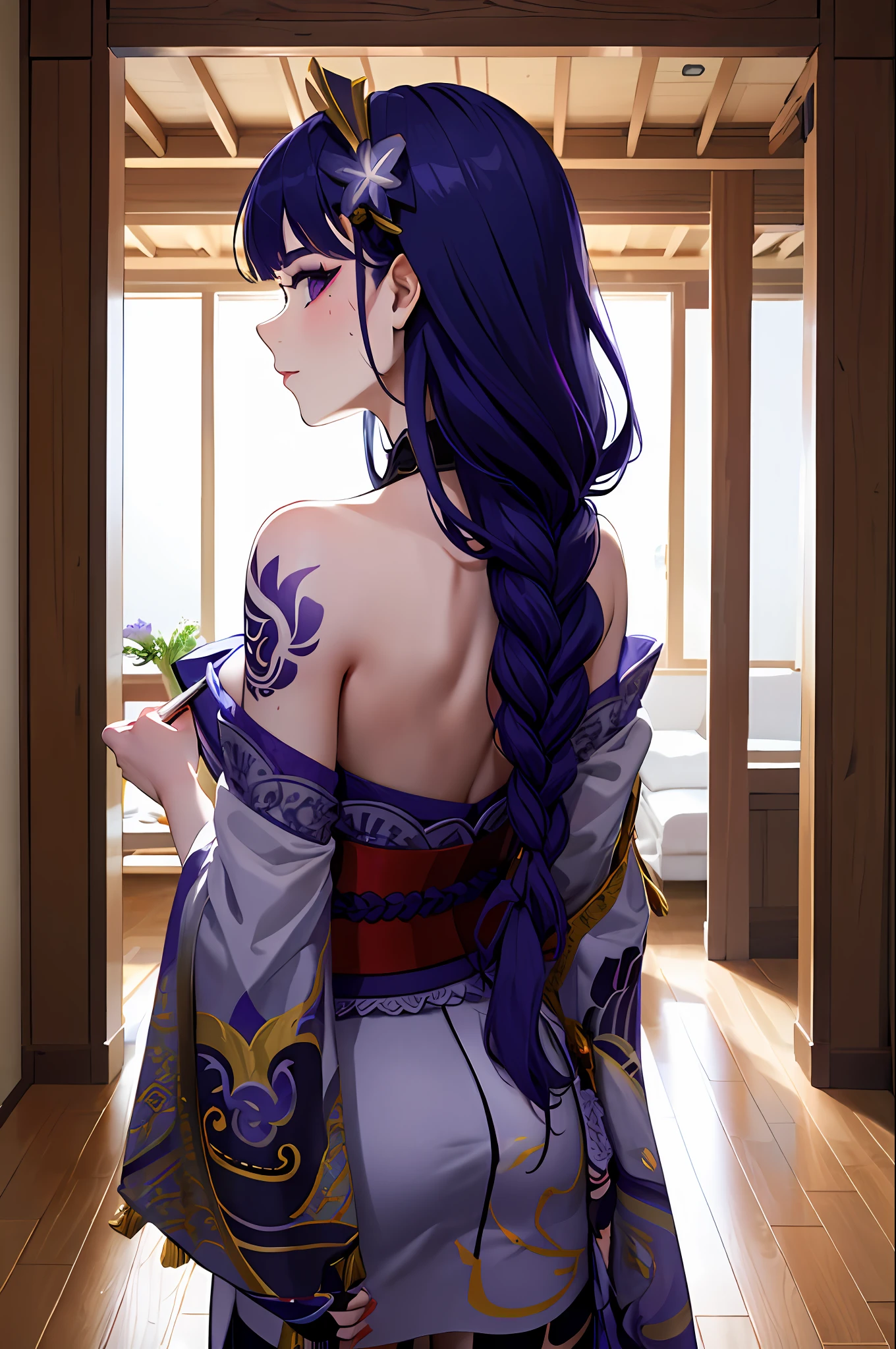 Raiden, genshin impact, (masterpiece, top quality, best quality, official art, beautiful and aesthetic:1.2),1girl, tattoo, solo, japanese clothes,  hair ornament, unsheathing, purple hair, braided hair, sheath, ((back tattoo)), tattoo, purple eyes, off shoulder, bare shoulders, looking back, from behind, full back tattoo, flower, looking at viewer,  holding, makeup, indoor, blush,