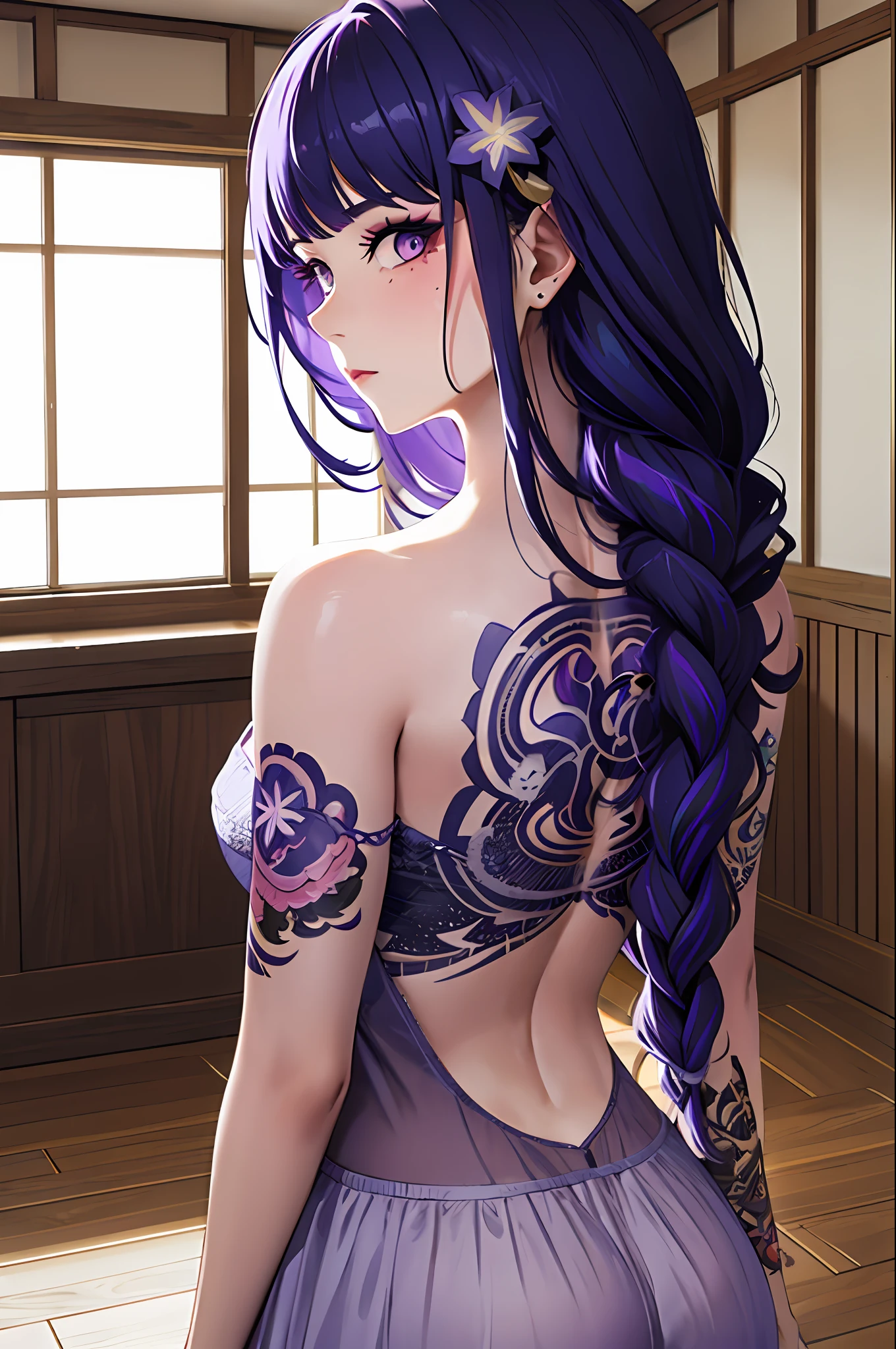 Raiden, genshin impact, (masterpiece, top quality, best quality, official art, beautiful and aesthetic:1.2),1girl, tattoo, solo, japanese clothes,  hair ornament, unsheathing, purple hair, braided hair, sheath, ((back tattoo)), tattoo, purple eyes, off shoulder, bare shoulders, looking back, from behind, full back tattoo, flower, looking at viewer,  holding, makeup, indoor, blush,