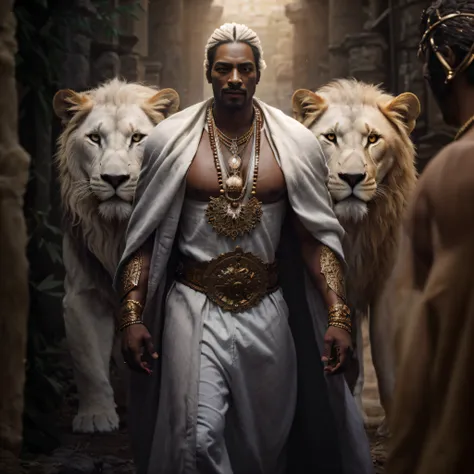 a man in a white robe and two white lions, lion warrior, brown skin man ...