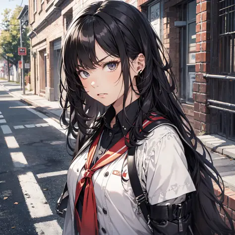 Ridiculous resolution，high resolutions，（master-piece：1.4），ultra-details，Campus outdoors，A black-haired young woman dressed in a school costume，A shy and angry expression