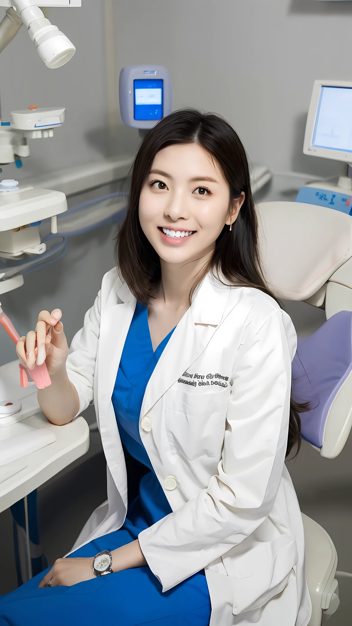 Sakuranon (single)), alone, ((dentist)), Elegant, Wear a white lab coat.., Black Hair, delicate, young woman, Short hair straps, detailed face, Hi-Res, ((earnestly)) In the hospital, Look at the camera., physician, She is a beautiful woman of success, High quality face, medicine, Hi-Res, Sharp, Sharp features, No scarf,   Unadorned,Cream skirt