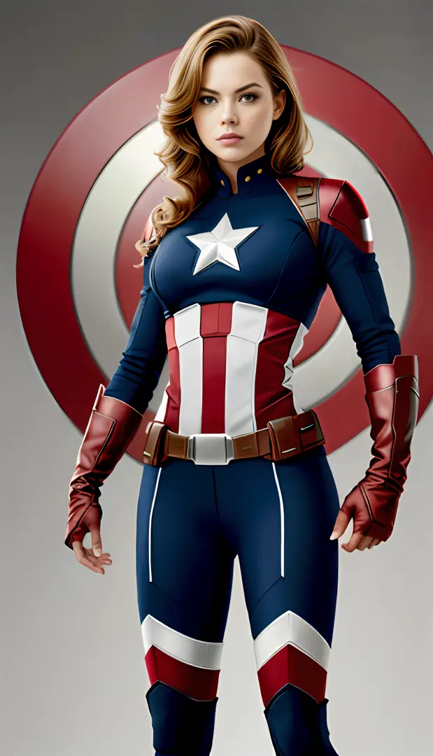 (obra-prima: 1.5), (melhor qualidade), (fotorrealista:1.6), 8k, (textura de pele detalhada), textura de tecido detalhada, rosto detalhado bonito, detalhes intrincados, (ultra detalhado: 1.6), (Emma Stone: 1.6), Captain America uniform, in the style of the ...