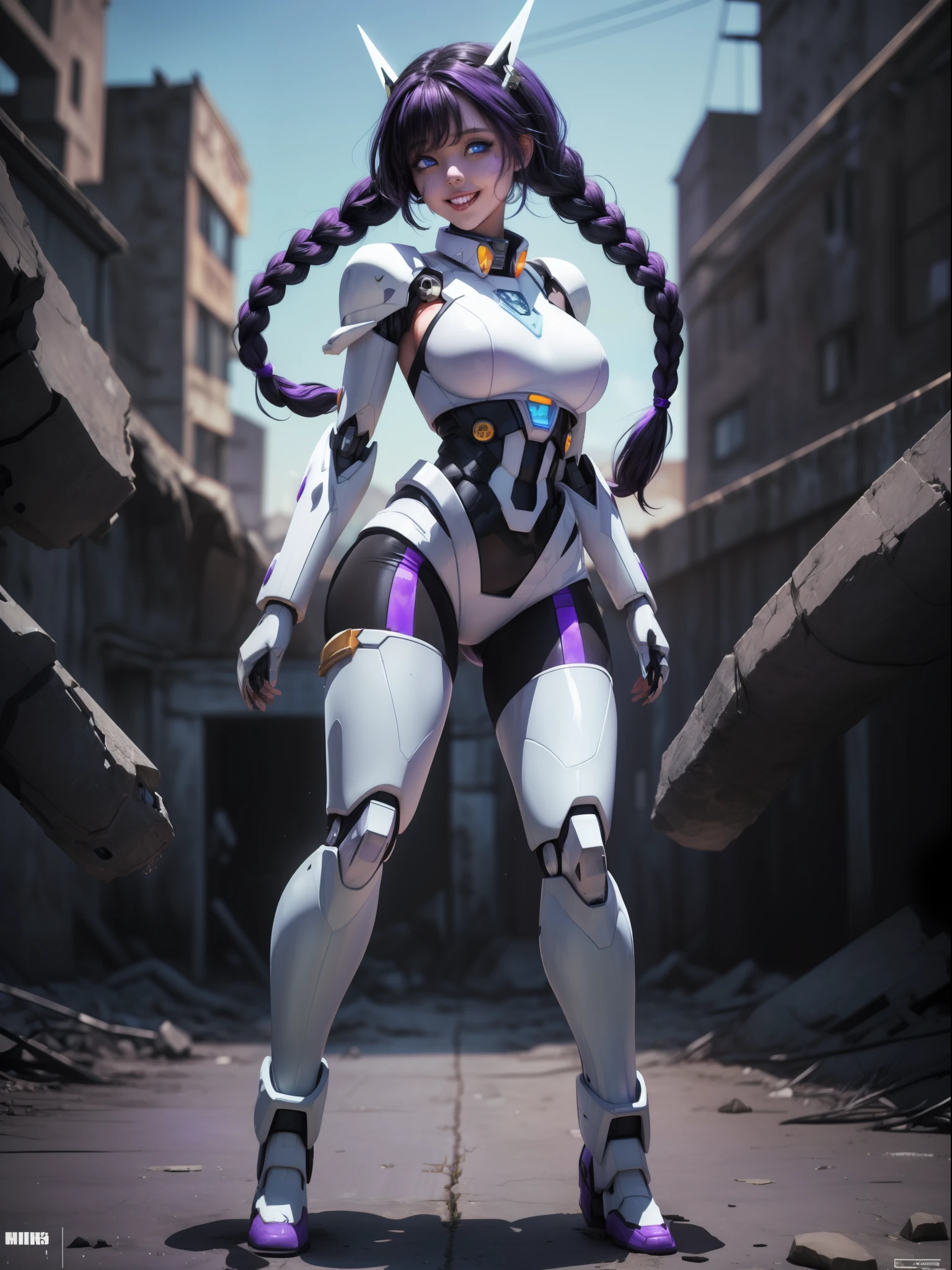 ((Full body):1.5) ((1woman):1.2): only she is wearing ((white mecha costume with black parts):1.2), extremely tight in the body, she has extremely large breasts, she has ((hair very short purple braids, blue eyes):1.2), is doing sexual poses, looking at the viewer, smiling, she is in an apocalyptic city with ((many zombies):1.2) behind her.