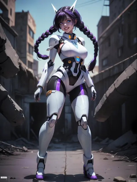 ((full body):1.5) ((1woman):1.2): only she is wearing ((white mecha costume with black parts):1.2), extremely tight in the body,...