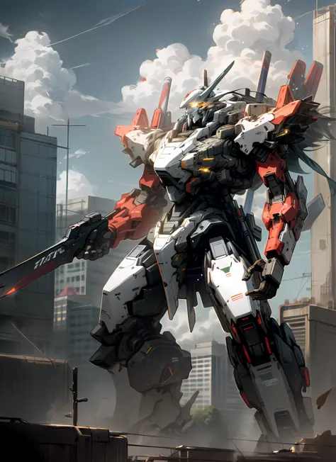 sky, cloud, holding_weapon, no_humans, glowing, , robot, building, glowing_eyes, mecha, science_fiction, city, realistic,mecha