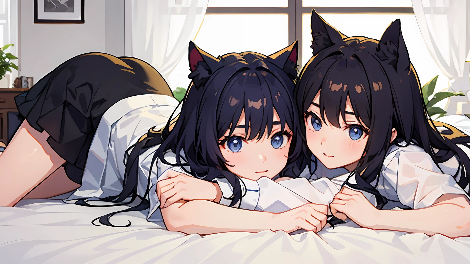 Imagen anime de dos chicas acostadas en una cama abrazadas - SeaArt AI