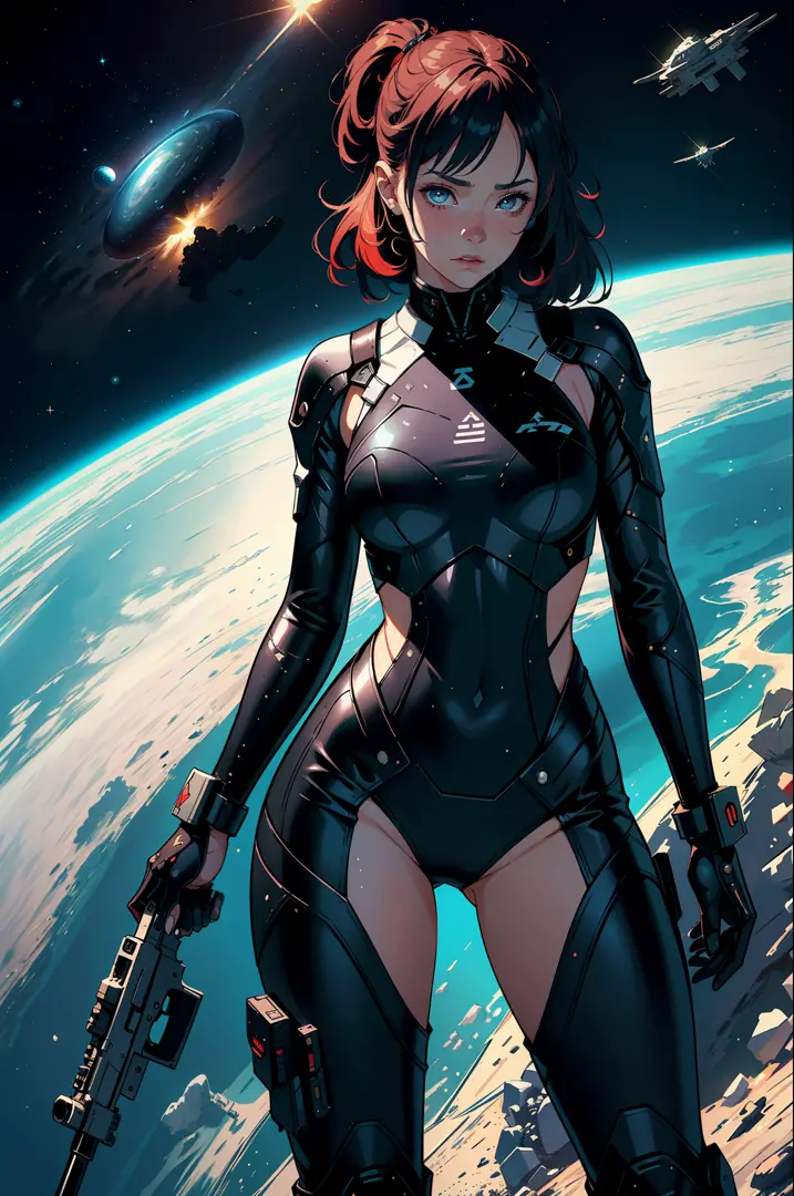 1girls，Female Star Warrior，Delicate and beautiful face，blushes，The lips open slightly，Hair color and dyeing，Busty boobs，Convex buttocks，Unidentified fluid on the buttocks，Dressed in a bodysuit，High-tech combat boots，Armed with a firearm，Weapons of the futu...