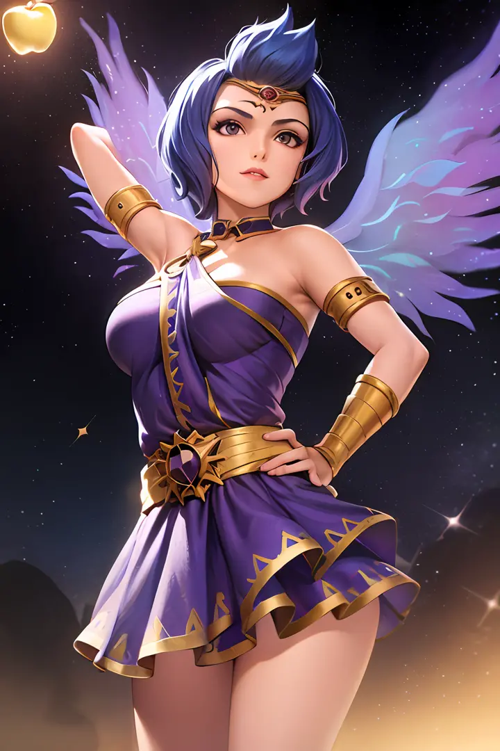 masterpiece, best quality, 1girl, discordia, solo, arms on hips, blue hair, short hair, purple dress, ethereal wings, gold apple...