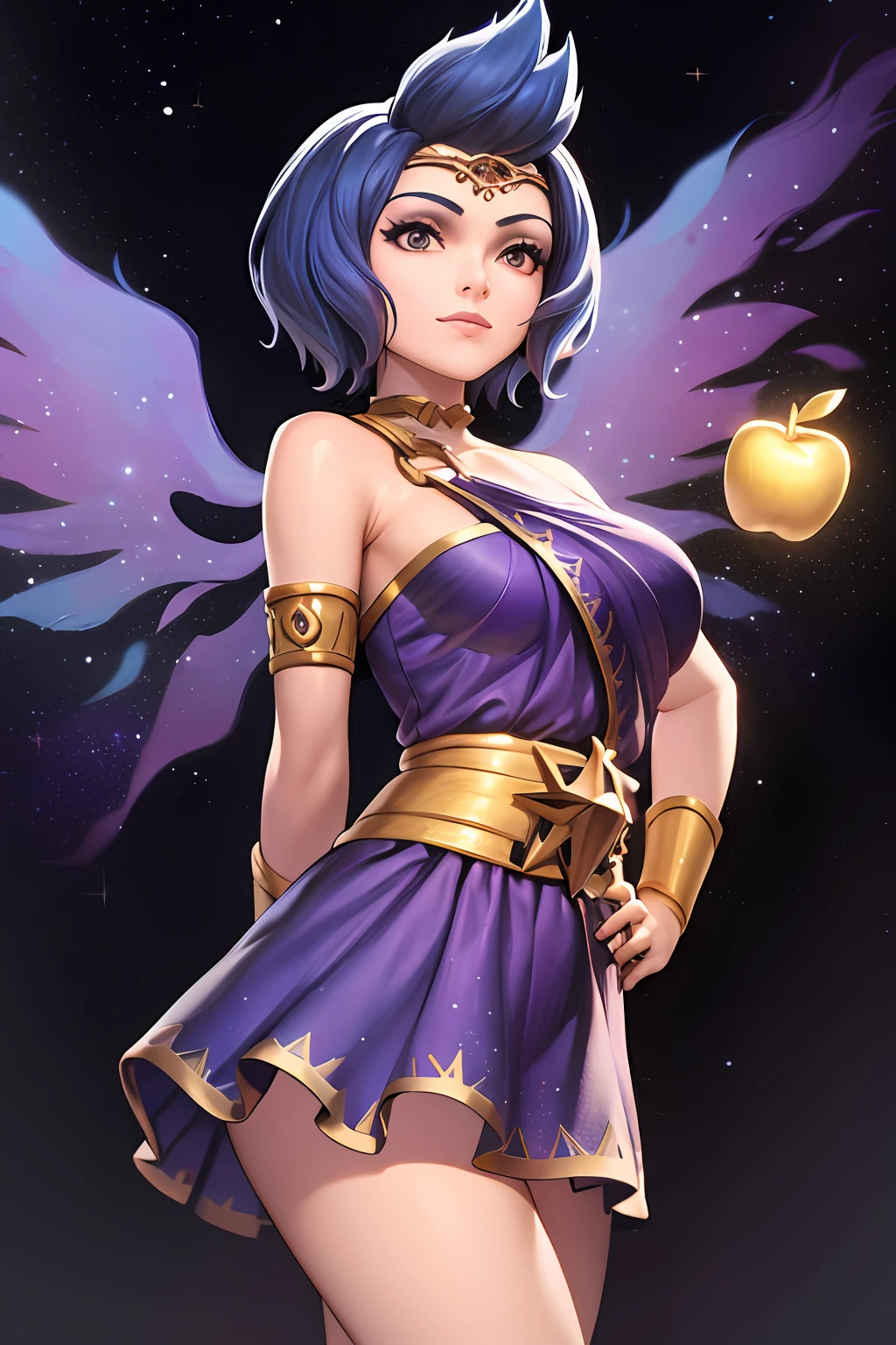 masterpiece, best quality, 1girl, discordia, solo, arms on hips, blue hair, short hair, purple dress, ethereal wings, gold apple, space, starry sky, night