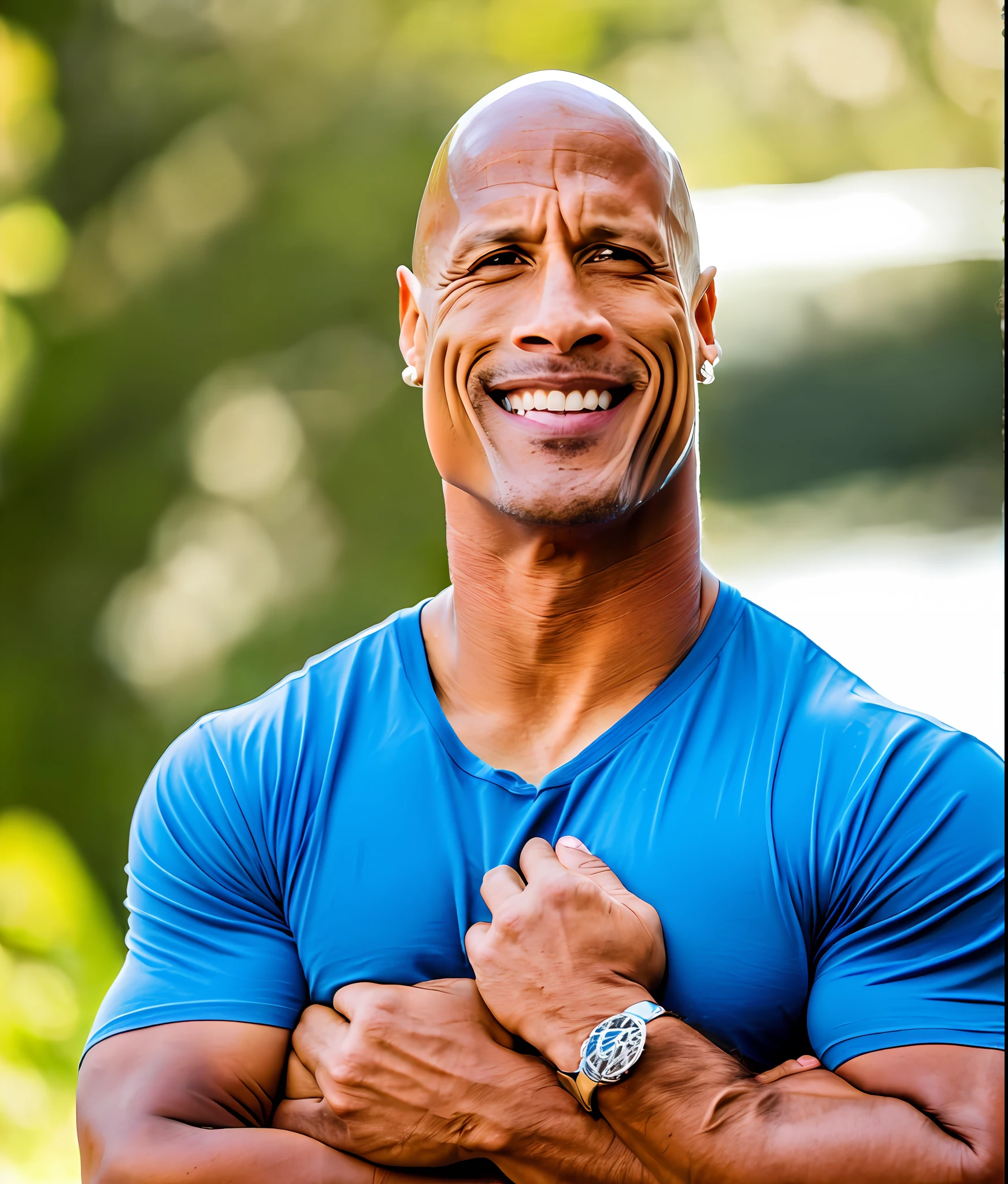 photo of dwayne johnson wearing a tight blue t-shirt, the rock, arms crossed, outdoors, natural lighting, forty-years-old, forties, attractive, handsome, dwayne johnson, canon50, kodak ultramax, pexels, unsplash, film grain, ultraskin