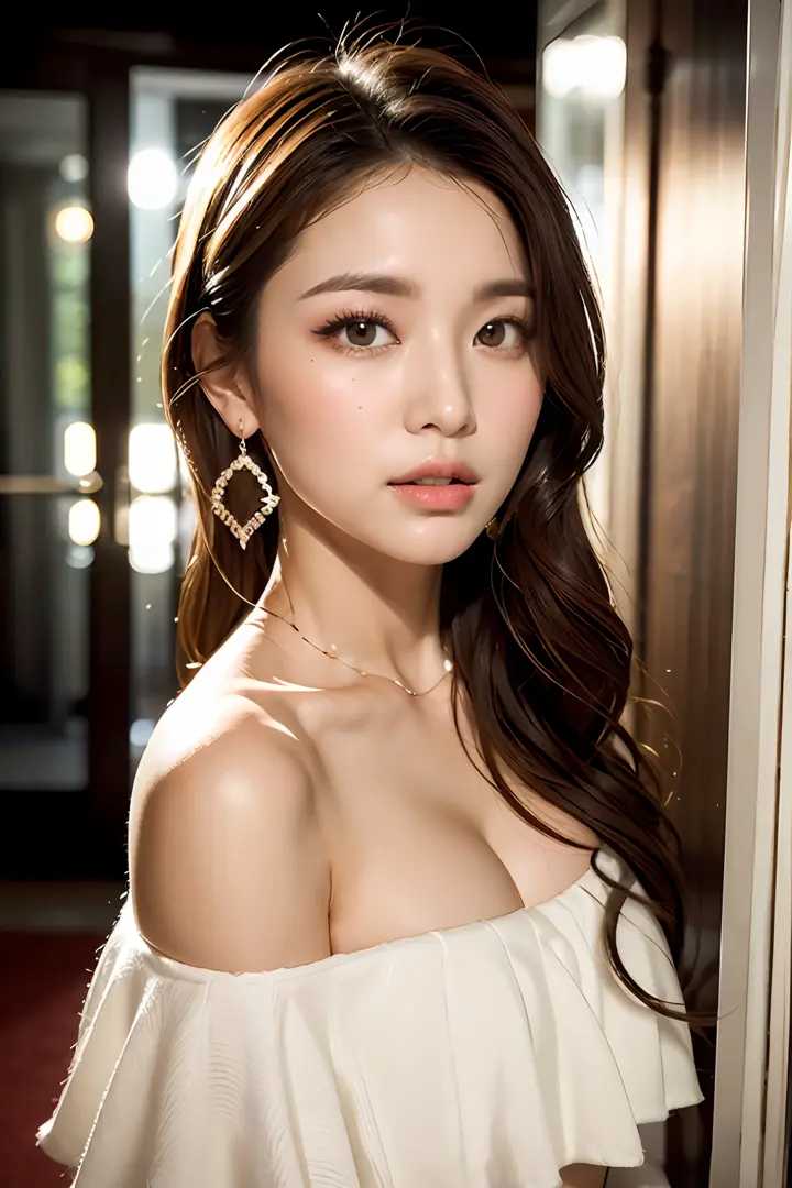 ((Innocent and cute girl: 1.3)), ((Focus on face: 1.2)), (white off-shoulder shirt, fishtail skirt):1.3, (a tearful look: 1.2), (Layered hairstyle, brown hair, medium long hair), large breasts, BREAK (upper body shot: 1.2), looking at viewer, from above, (...