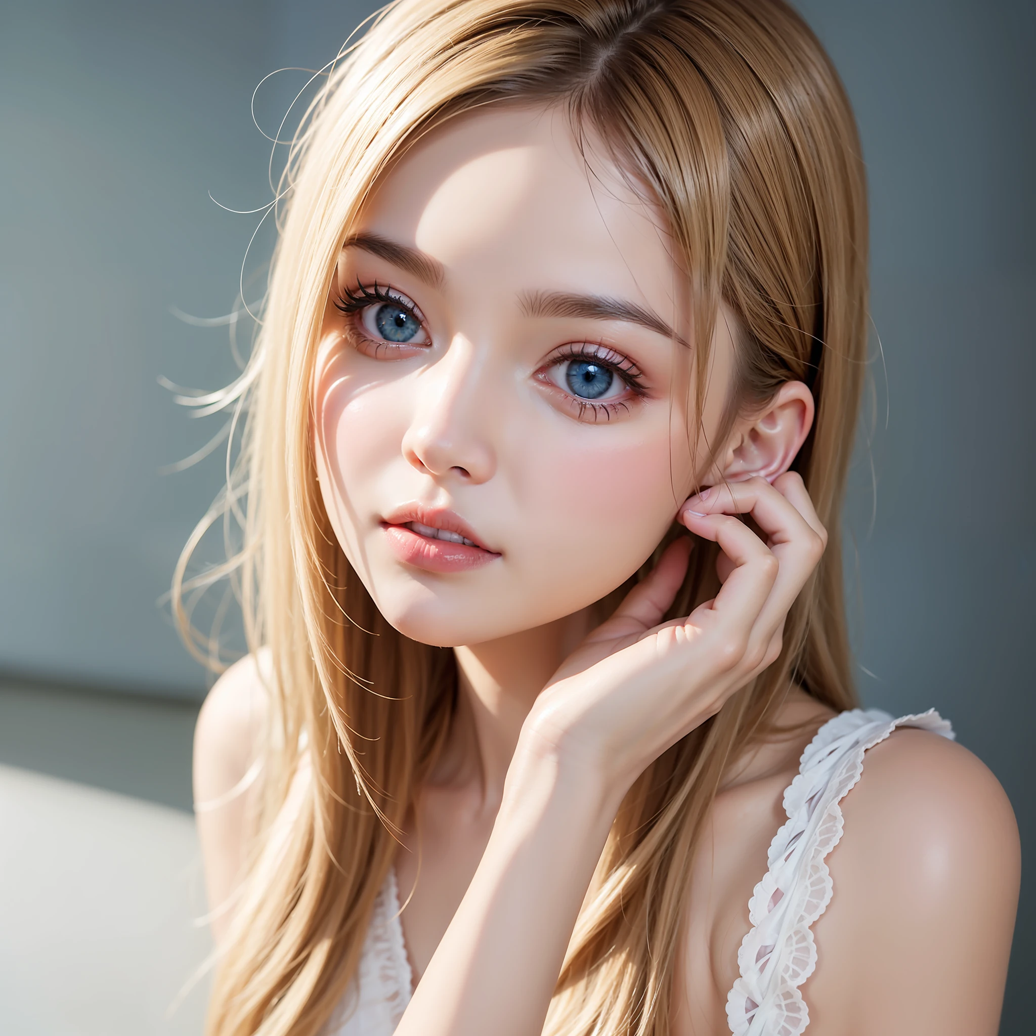 Beautiful shiny white glossy skin、Incomparable extraordinary beauty、brightly lit, refreshing gentle look、Shiny platinum blonde silky super long straight hair、Beautiful shiny bangs、Very beautiful and cute 12 year old beautiful girl、eyelines、Very perfect glowing beautiful cute clear big blue eyes