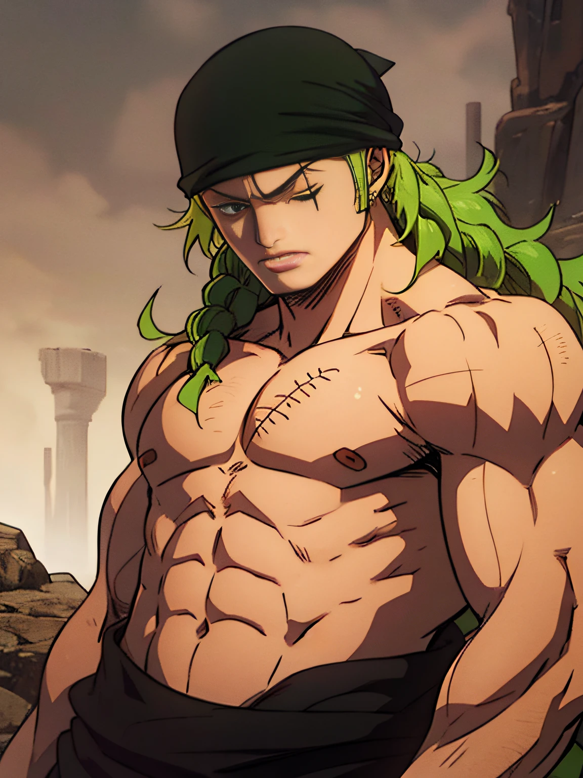 Roronoa Zoro, long hair, bandana, long hair, pretty eyes, built eyes, closed left eye