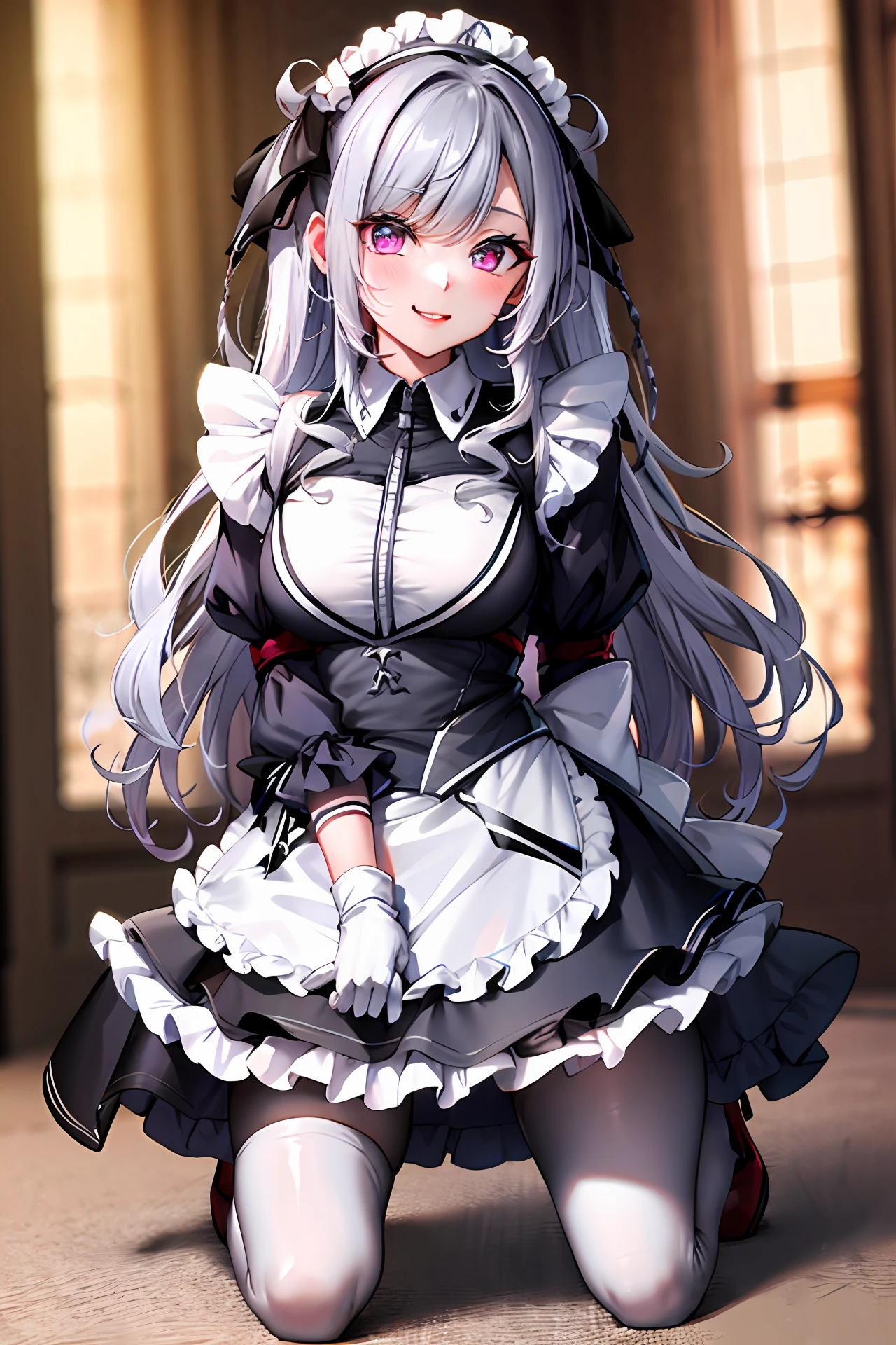 maid，Kneeling position，White gloves，White tights，Two-dimensional