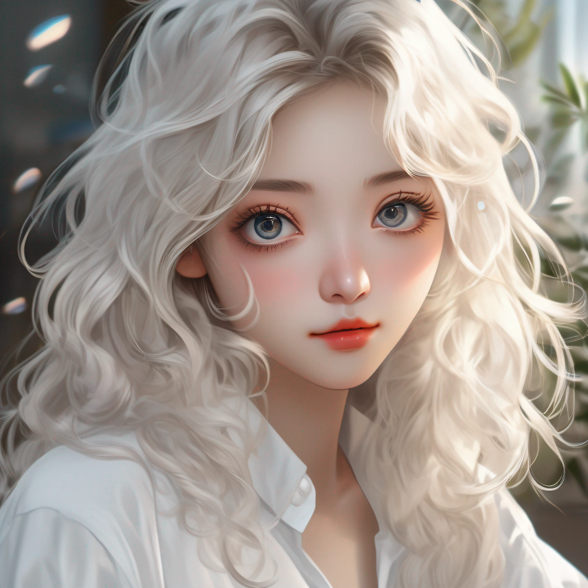 (hyperrealistic), (illustration), (high resolution), (8K), (extremely detailed), (best illustration), (beautiful detailed eyes), (best quality), (ultra-detailed), (masterpiece), (wallpaper), (detailed face), solo 1 girl, white wavy hair, korean, heterochromic eyes, small moles under the eyes, loose white shirt, yoga pants, big breasts, long legs, tight abs, camel toes, dynamic pose