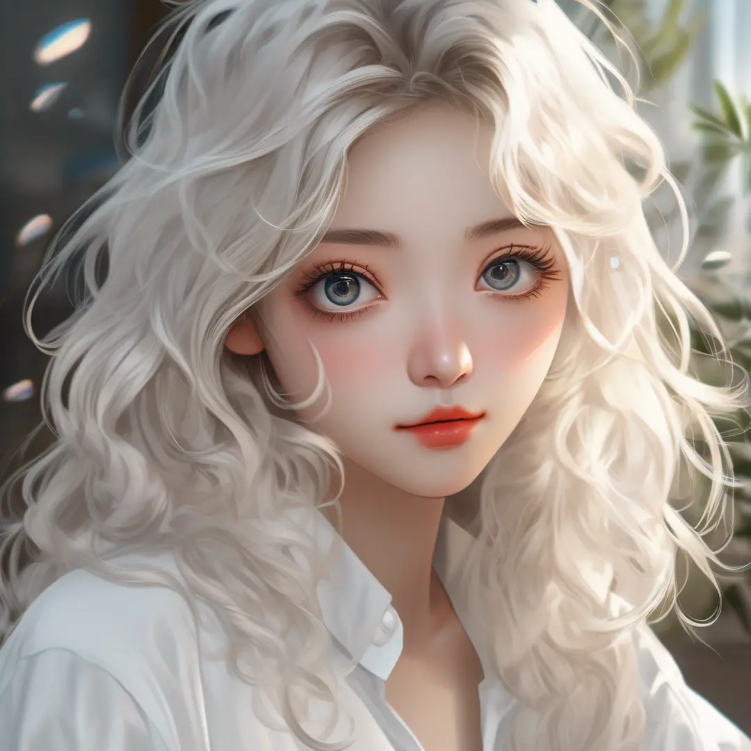 (hyperrealistic), (illustration), (high resolution), (8K), (extremely detailed), (best illustration), (beautiful detailed eyes), (best quality), (ultra-detailed), (masterpiece), (wallpaper), (detailed face), solo 1 girl, white wavy hair, korean, heterochro...