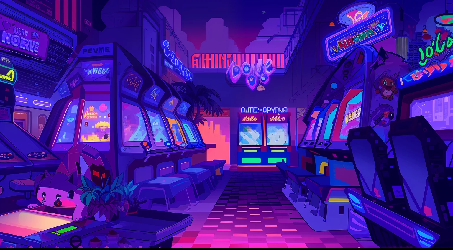 A close up of a room with a bunch of arcade machines - SeaArt AI