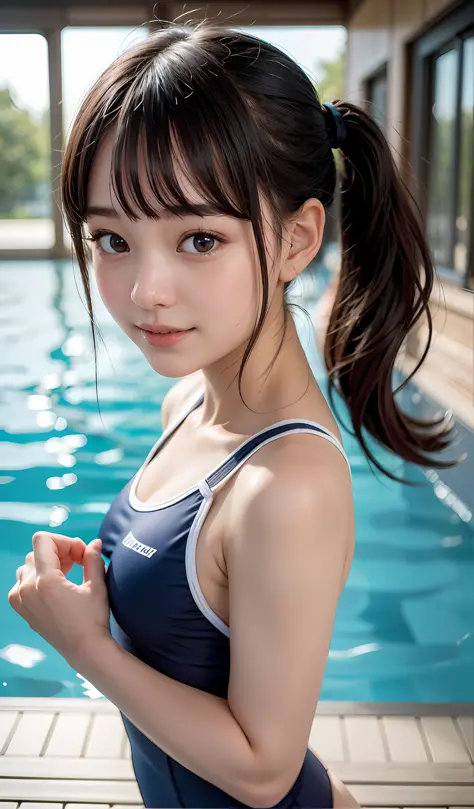 1 girl、masterwork、maximum quality、Realstic、ponytails、16歳、((schoolswimsuit))、Charming eyes、pools、Floating with a float、Sorrisos、e...