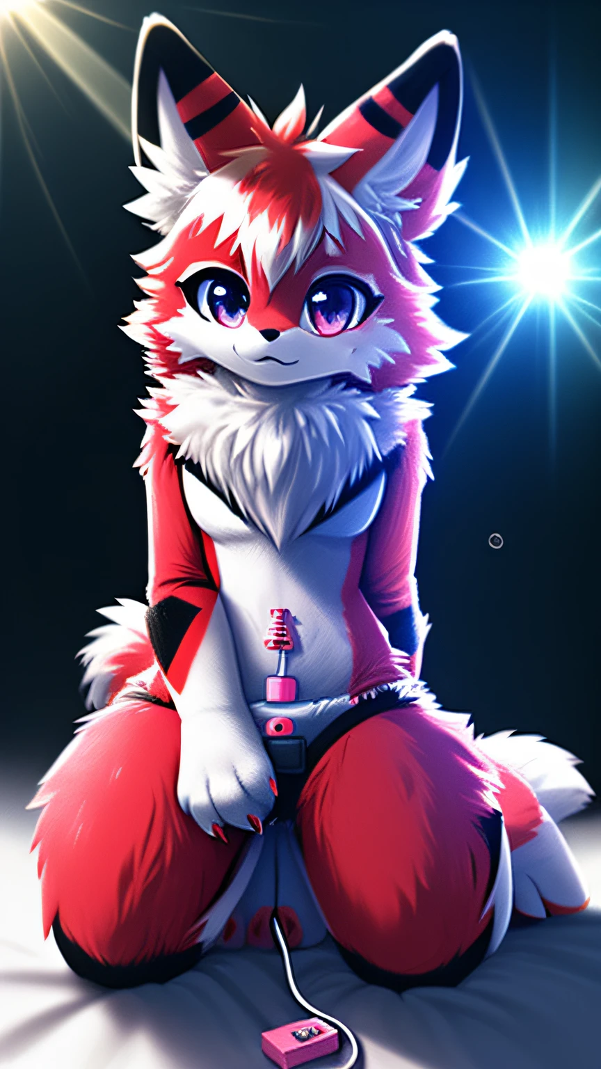 high quality, digital art, drawing, HD 4k, dreamlikeart, lens flare, upper body, looking at viewer, animal focus, furry, nudefursuit, 1girl, cute, kawaii, lovely, fur, fur head, narrow waist, animal ears, paw, paw shoes, (((Vibrator on crotch)))