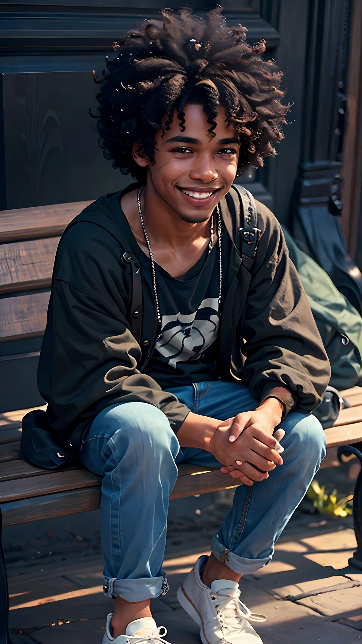 3D cartoon character, (((Sitting on a bench))), holding a small mobile phone, on a city street, black boy, (detailed facial features), black shirt, jeans and black shoes, (((baby) )), movie art, clean shot, ghailan!, like a pixar character, handsome young man, afro hair, grace and blessing, (((cute smile))), rendered in unreal, movie promo image, rendered image