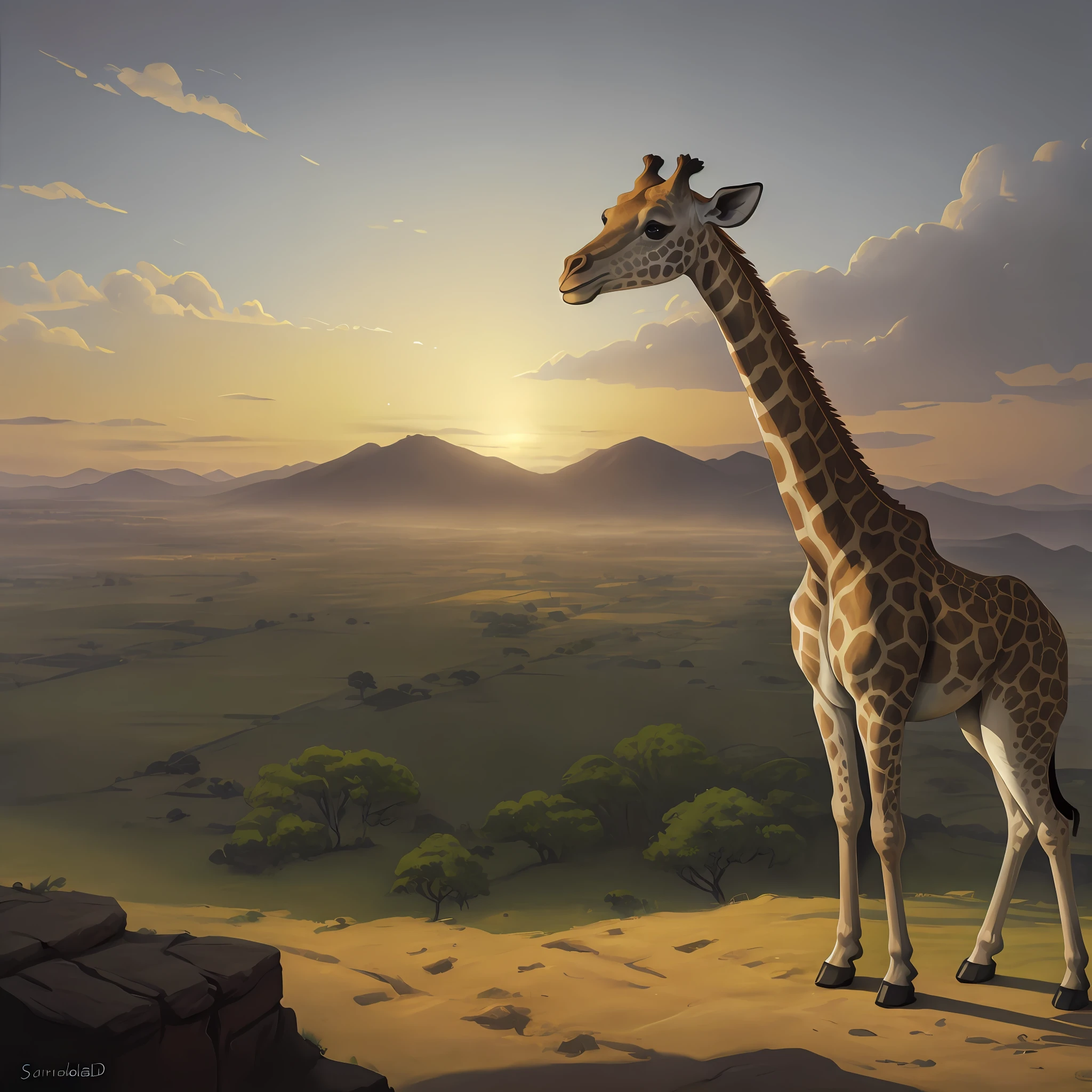 Gemälde einer Giraffe, die auf einem Hügel steht und eine weite Landschaft überblickt, wunderschönes Gemälde aus großer Höhe, Giraffe, inspiriert von Jean-Léon Gérôme, Por Rainer Hosch, Safari-Hintergrund, Abbildung Matte Painting, Richtung: Joop Sanders, dunkle Farbe", dunkle Farbe", Giraffe steht auf dem Dach, Magischer Realismus Matte Painting, Laurent Durieux