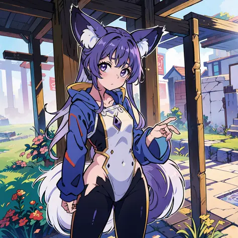 Fox ears、Fox tail、Purple hair、Kigurumi、Standing Picture、Shorter、a small、Um corpo inteiro、White background、Simple background、((Um...