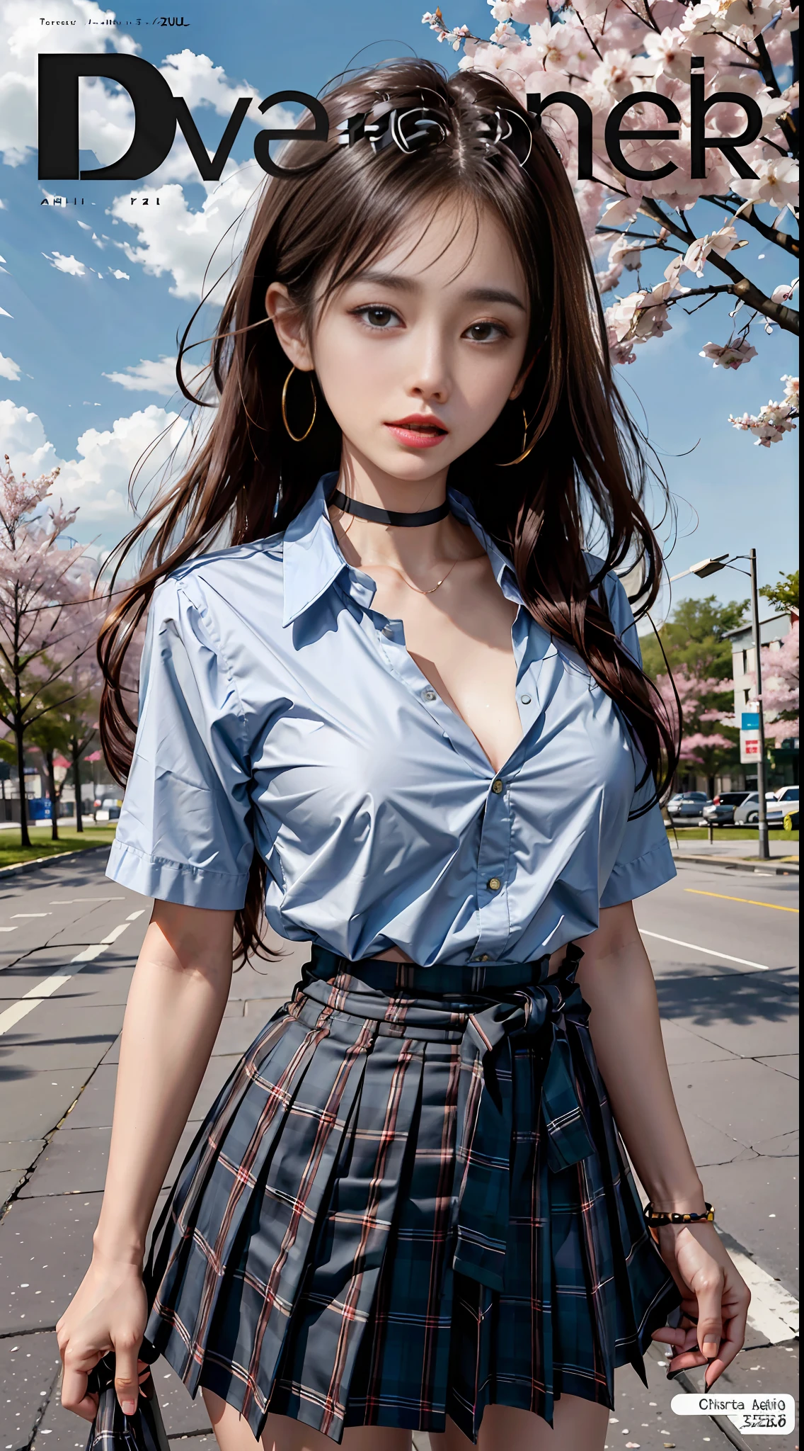 masterpiece, best quality, full body, 1girl, bangs, black choker, black necktie, black hair, blue skirt, blush, bracelet, breasts, choker, clothes around waist, collarbone, collared shirt, cowboy shot, dress shirt, ear piercing, eyebrows visible through hair, gradient hair, grin, gyaru, jewelry, kogal, long hair, looking at viewer, loose necktie, necktie, piercing, plaid, plaid skirt, pleated skirt, red eyes, ring, school uniform, shirt, skirt, smile, solo, white shirt, street, sky, cherry blossoms, petals,illustration, (magazine:1.3), (cover-style:1.3), fashionable, woman, vibrant, outfit, posing, front, colorful, dynamic, background, elements, confident, expression, holding, statement, accessory, majestic, coiled, around, touch, scene, text, cover, bold, attention-grabbing, title, stylish, font, catchy, headline, larger, striking, modern, trendy, focus, fashion,