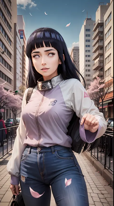 Amidst the bustling streets of a vibrant city, Hinata Hyûga from Naruto stands on a rooftop, com vista para a paisagem urbana. T...