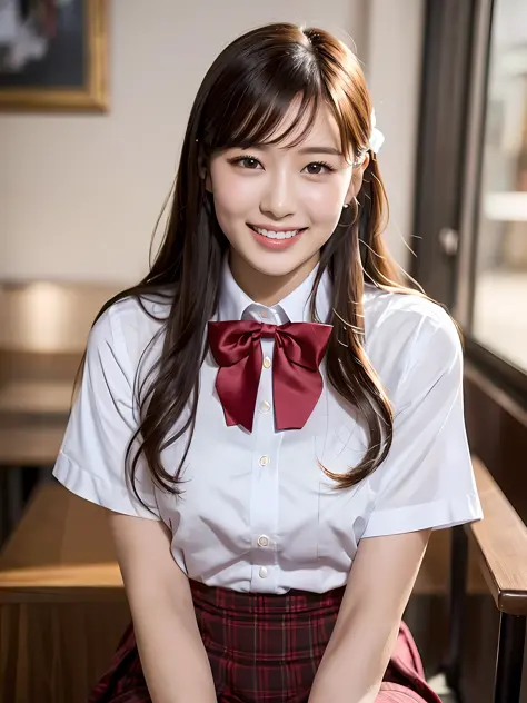 masterpiece, Upper body shot, Front View, 1 woman per 1 photo, a Japanese young pretty woman, hyper pretty face, 18 years old, sitting on a chair in a coffee shop with a big smile, Coffee on the table, glamorous figure, wearing a short sleeves shiny silky ...