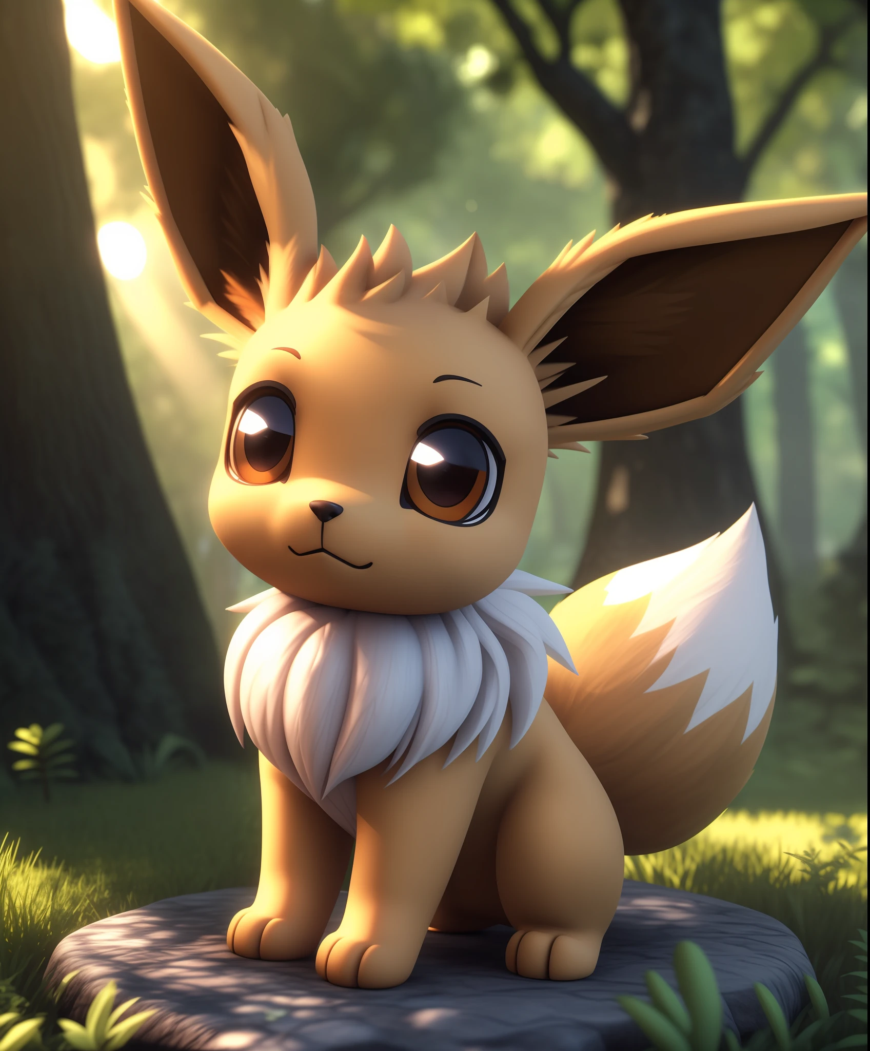 solo ((chibi quadruped feral eevee)), (three-quarter portrait),
((detailed fluffy fur)), (sunny day forest, sunlight, plant), 
BREAK,
(masterpiece, best quality, ultra realistic, 4k, 2k, (intricate:0.9), (high detail:1.2),
(3d \(artwork\):1.25), blender \(software\), soft focus, ray tracing, (unreal engine:1.25), absurd res)