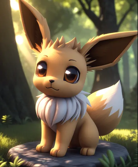 solo ((chibi quadruped feral eevee)), (three-quarter portrait),
((detailed fluffy fur)), (sunny day forest, sunlight, plant), 
b...