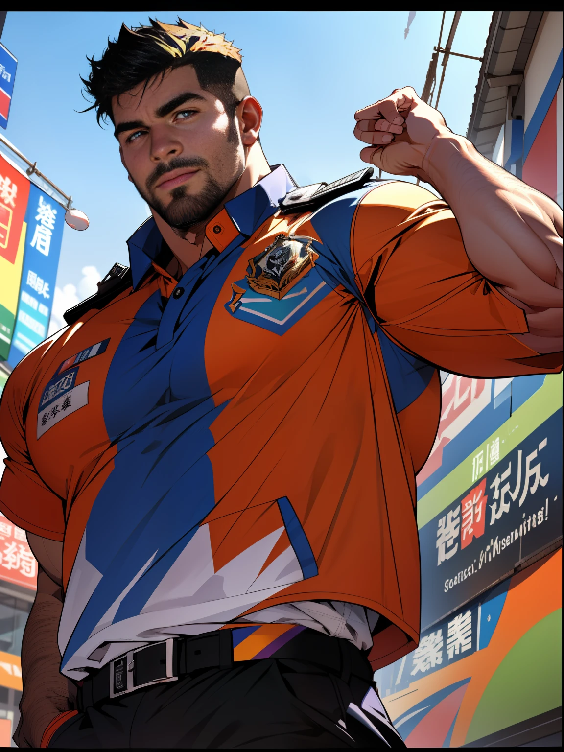 （master-piece）Extremely high-quality，Super detailed illustrations，ultra-high-res，Show a handsome and mature male, 35-year-old human Hong Kong police officer Kong Lin，Big muscular body，short hair and under-trimmed stubble，Wear a jacket，Surreal and charming。There are many Magic rally cards floating around the police，In the background is a red dragon flying over the city。