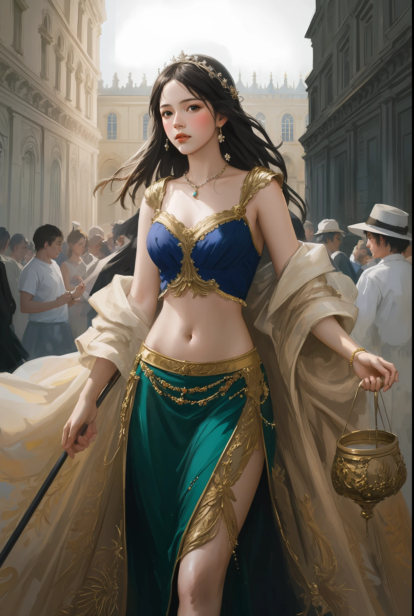 modelshoot style, (extremely detailed CG unity 8k wallpaper),full shot body photo of the most beautiful artwork in the world, stunningly beautiful photo realistic cute women intricately detailed costume,(Chateau de Versailles, Pisa Baptistery Of St. John background, Flowers,navel,crowd), professional majestic oil painting by Ed Blinkey, Atey Ghailan, Studio Ghibli, by Jeremy Mann, Greg Manchess, Antonio Moro, trending on ArtStation, trending on CGSociety, Intricate, High Detail, Sharp focus, dramatic, photorealistic painting art by midjourney and greg rutkowski