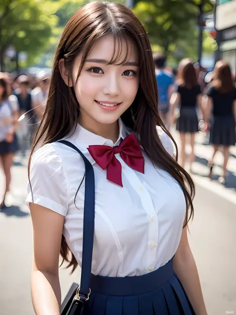 masterpiece, Upper body shot, Front View, 1 woman per 1 photo, a Japanese young pretty woman, hyper pretty face, 18 years old, on a street in crowd with a big smile, carrying a big tote bag with her shoulder, glamorous figure, wearing a short sleeves shiny...