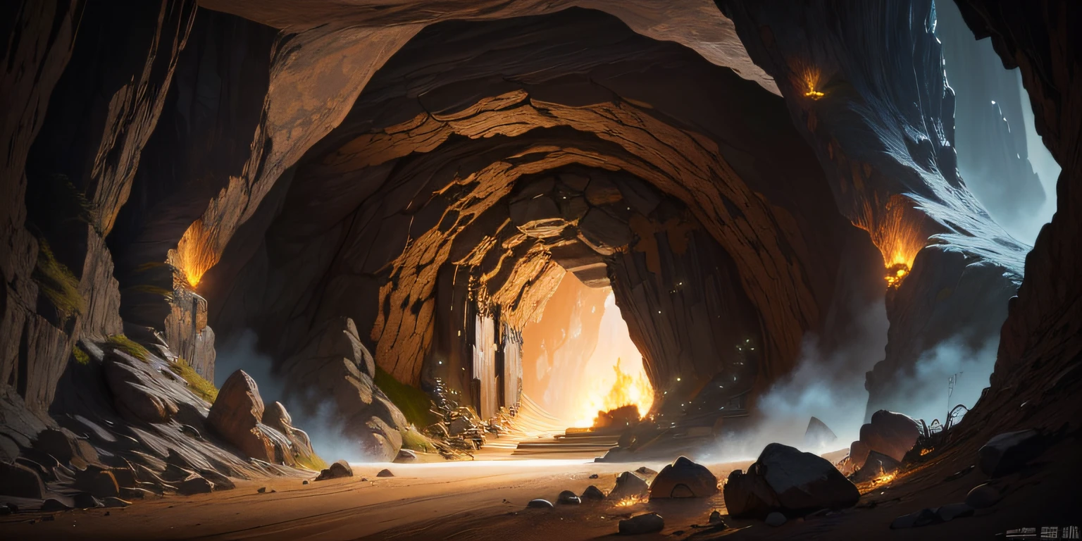 A highly rendered one、Detailed 4K concept art，A cave scene is depicted，The cave was filled with gold。